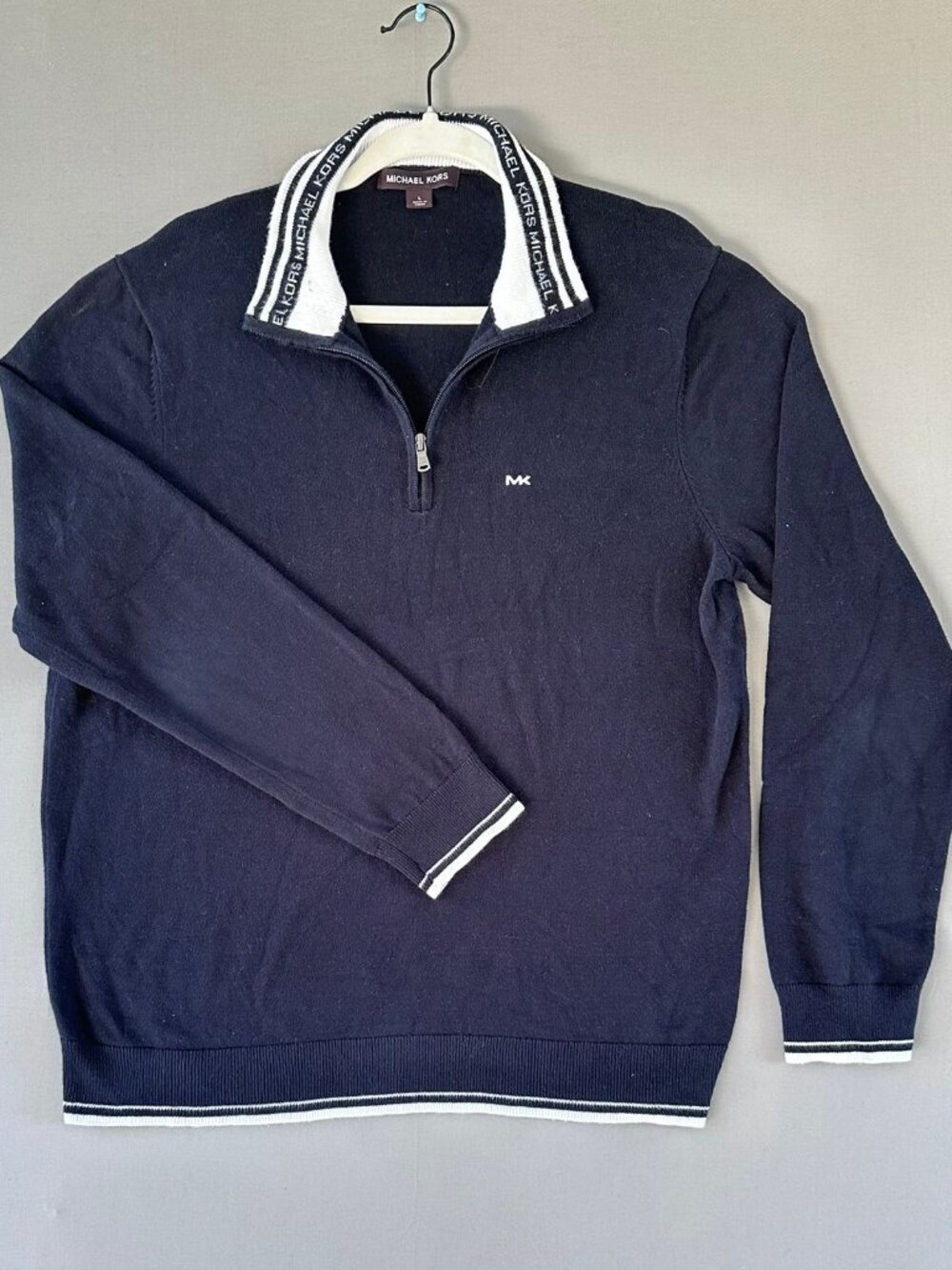 Michael Kors Men's 1/4 Zip Pullover Sweater Navy Mock Neck Logo Long Sleeve L